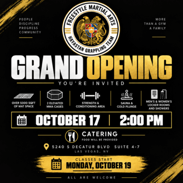 Freestyle Martial Arts grand opening on October 17 at 2:00 p.m. at 5240 S. Decatur Blvd., Suite 4–7, Las Vegas. Catered food provided; everyone is welcome.