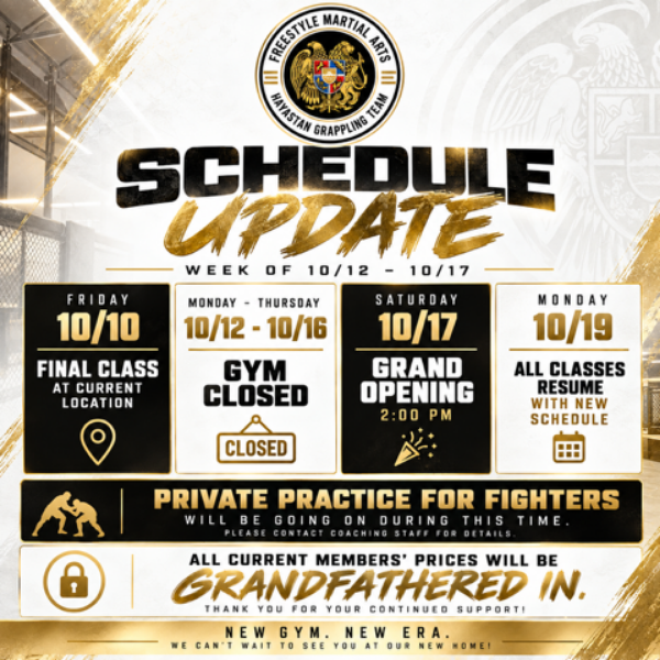 Freestyle Martial Arts relocation schedule, including temporary gym closures, the October 17 grand opening, and classes resuming October 19. Current members keep their existing rates.
